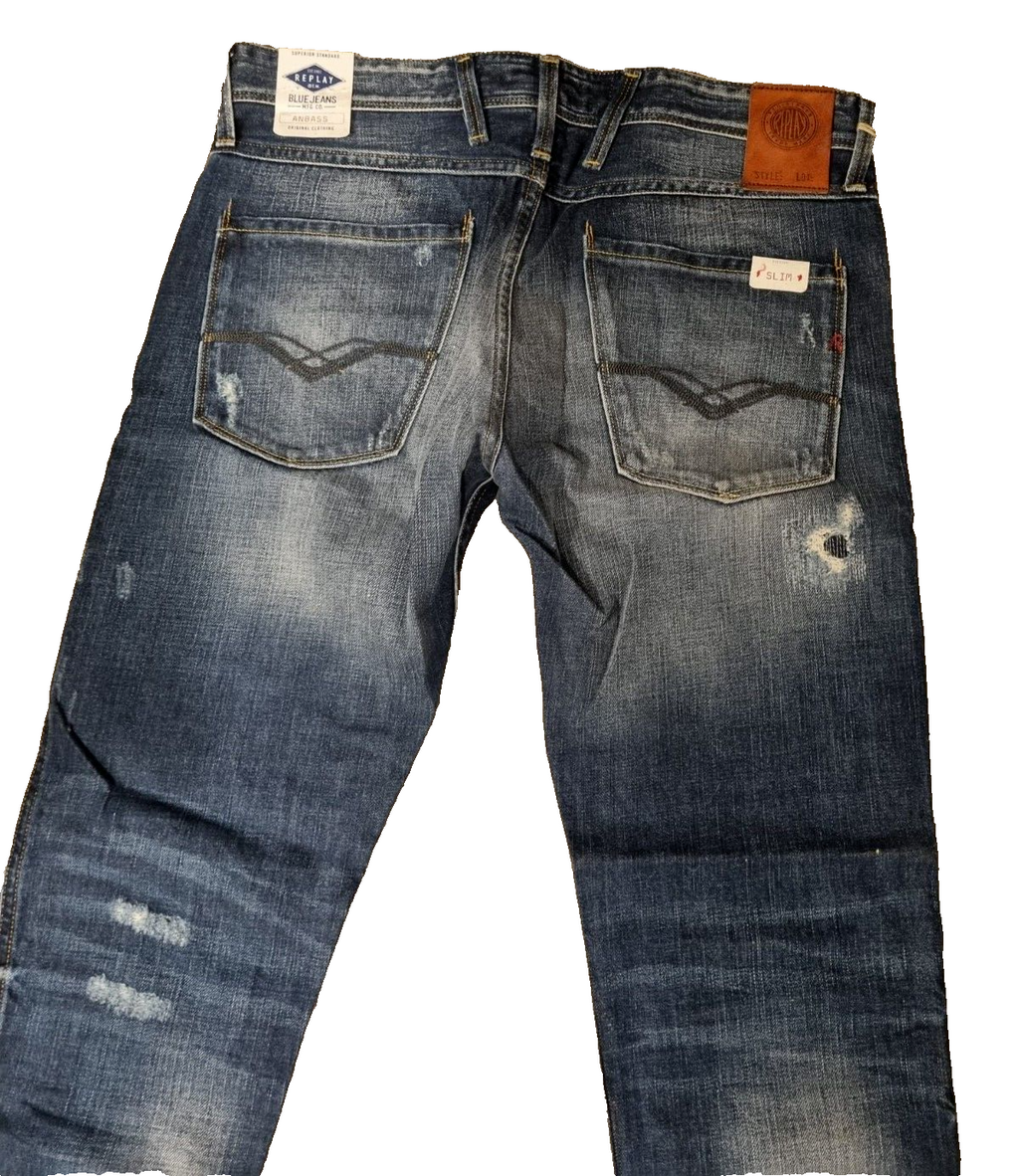 REPLAY Herren Jeans Anbass M914F W32 L32 Slim Fit Denim Blau SLR4B1