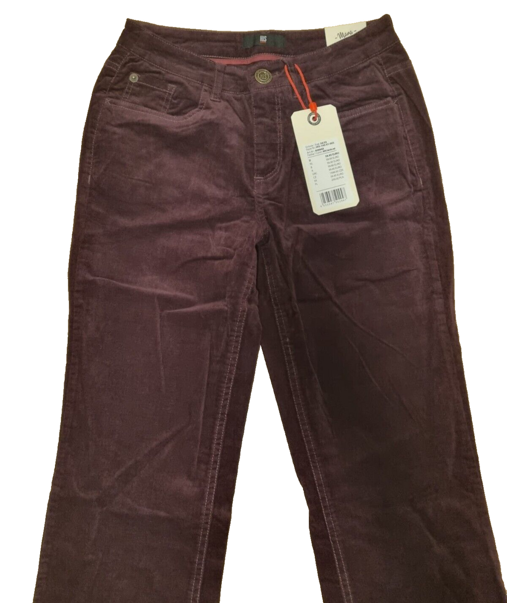 ✨ HIS Damen Jeans MARA Regular Mid Rise Straight Leg 34/33 Bordo Cord Denim E8