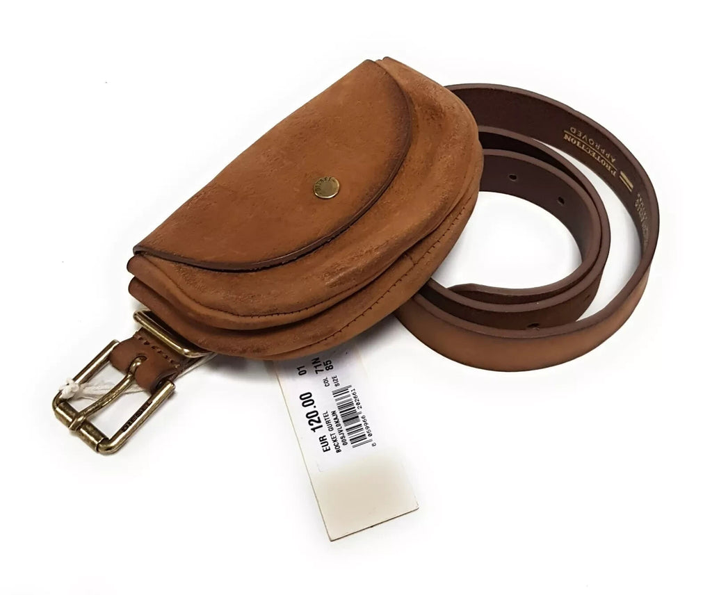DIESEL BOCKET Ledergürtel 95 cm Braun mit abnehmbarer Tasche Echtleder Unisex 39