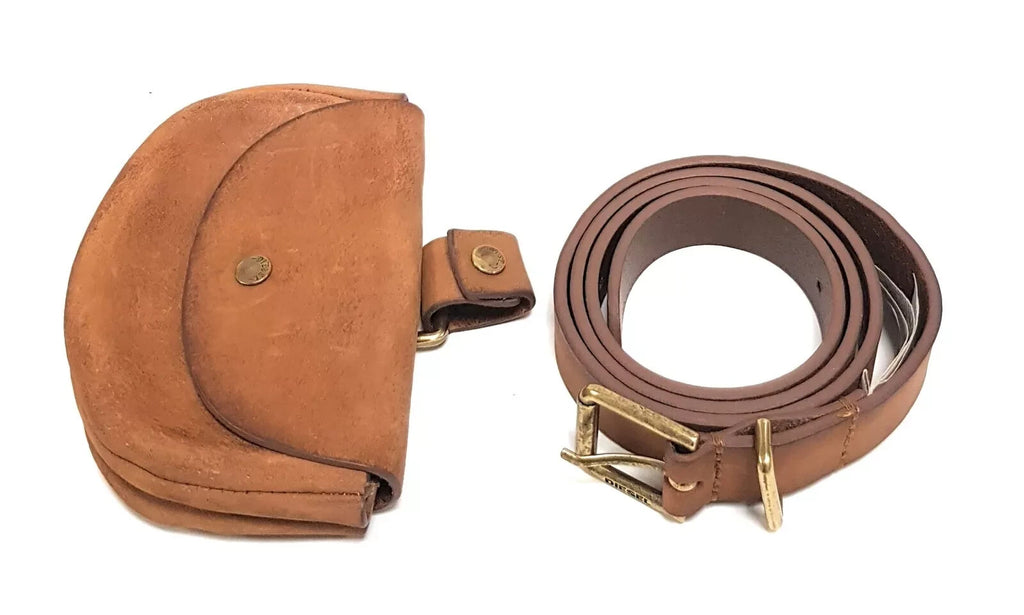 DIESEL BOCKET Ledergürtel 95 cm Braun mit abnehmbarer Tasche Echtleder Unisex 39